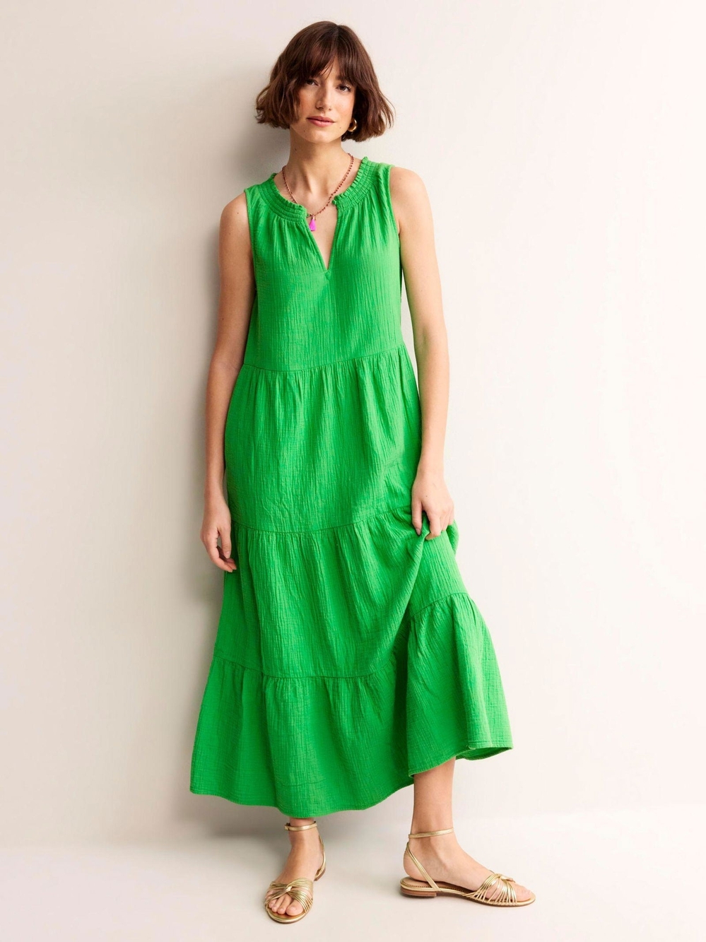 Boden Bright Green Sleeveless Tiered Maxi Dress